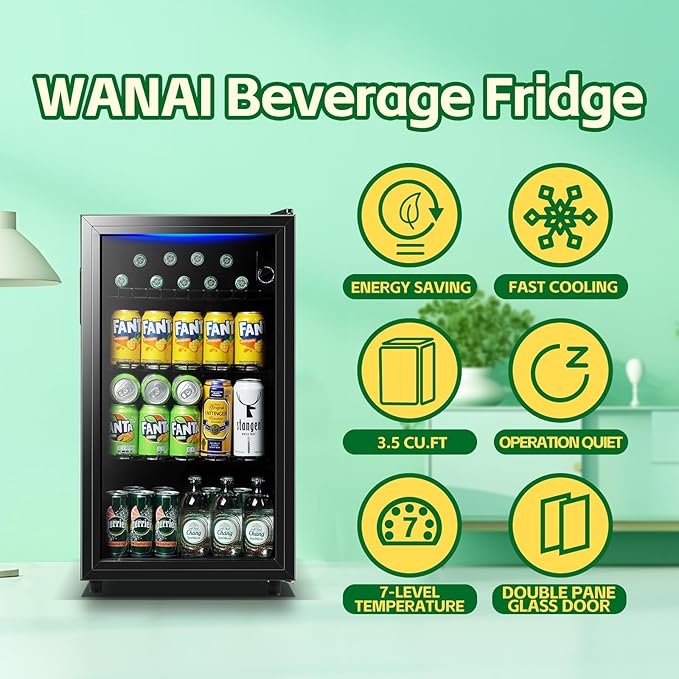 Beverage Refrigerator Cooler 3.5 Cu.Ft 120 Can Small Fridge Black | Large Capacity with Glass Door, LED Light & Adjustable Shelves for Soda Beer Wine, Perfect for Home Bar Office - Image 2