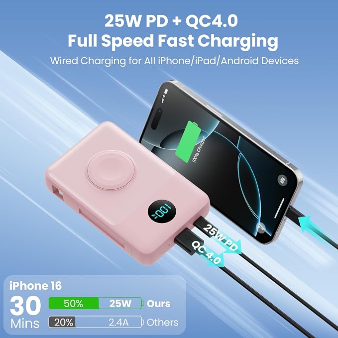 Magnetic Portable Charger for MagSafe with Built-in Cable,iWatch Charger,10800mAh Wireless Power Bank Travel Essentials,25W PD Fast Charging Battery Pack for iPhone 17/16/15/14/13/12,Apple Watch-Pink - Image 5