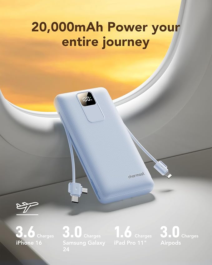 charmast 20000mAh Portable Charger with Built-in Cables & Wall Plug, 20W USB C Power Bank, Fast Charging Battery Pack Travel Essentials Compatible with iPhone 16/15/14 Series, Samsung, Google, iPad - Image 7