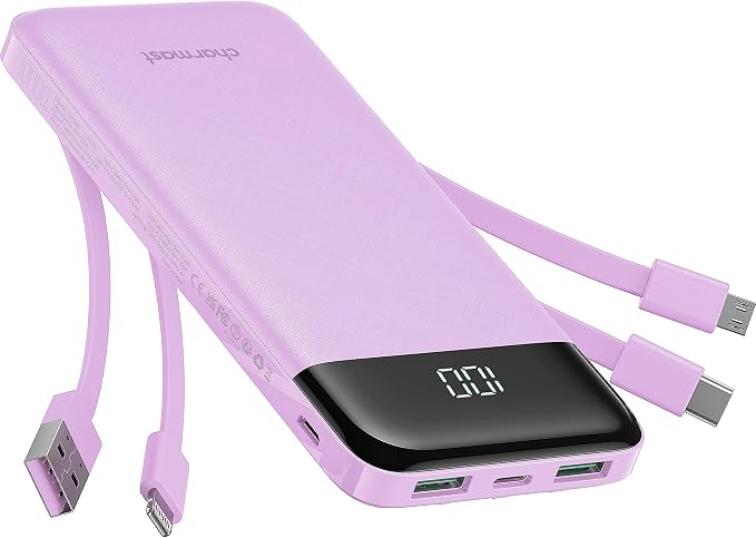 charmast Portable Charger with Built in Cables, Power Bank with Cords Wires, Slim 10000mAh Travel Battery Pack 6 Outputs 3 Inputs 6A Fast Charging for Samsung Google Pixel LG Moto iPhone iPad by Charmast