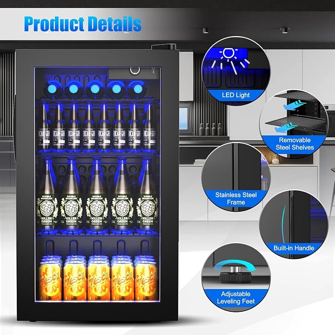 COSTWAY 120 Can Mini Beverage Fridge, Freestanding Beverage Refrigerator Cooler with Glass door, Removable Shelves for Soda Beer Wine, Small Drink Bar Fridge for Home Living Bedroom, 3.2 Cu.Ft | Cooler with Glass door, Removable Shelves for Soda Beer W... - Image 7
