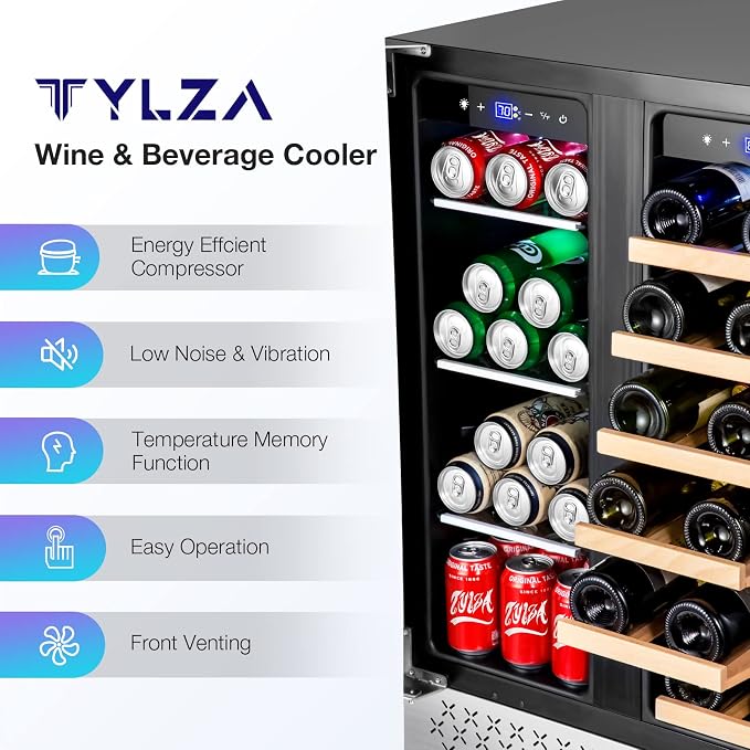 Wine and Beverage Refrigerator, 24 Inch Dual Zone Wine Beverage Cooler, Holds 20 Bottles and 88 Cans, Built-In and Freestanding, Seamless Glass Door, Under Counter Beer Wine Refrigerator - Image 5