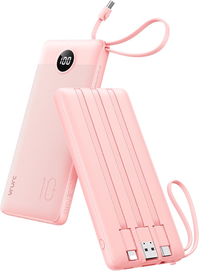 VRURC Portable Charger Power Bank, 10000mAh Travel Essentials Battery Pack, Compact Charging Bank Built-in Cables Cords Compatible with iPhone 17 Pro 17 16 15 14 13, Samsung Phones-Pink(1 Pack) by Home