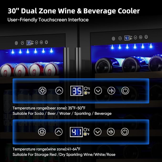 30 Inch Dual Zone Wine & Beverage Refrigerator, Built-In or Freestanding Wine Fridge with Seamless Black Stainless Steel Door, Glass Door, Digital Touch Control, Holds 30 Bottles & 110 Cans - Image 4