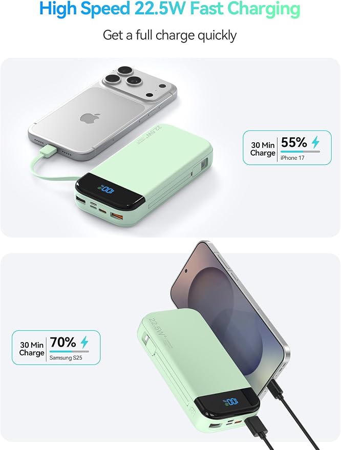 Portable Charger Power Bank 32000mAh with Built in Cables, PD3.0 USB C Fast Phone Charger, 5 Outputs LCD Display Travel Battery Pack Compatible with iPhone, Samsung All Cell Phones (Green) - Image 2