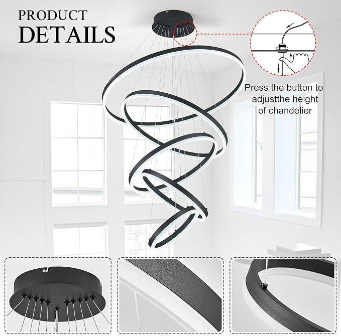5-Rings D31.5in Modern LED Chandelier Black Dimmable High Ceiling Chandeliers - Image 6