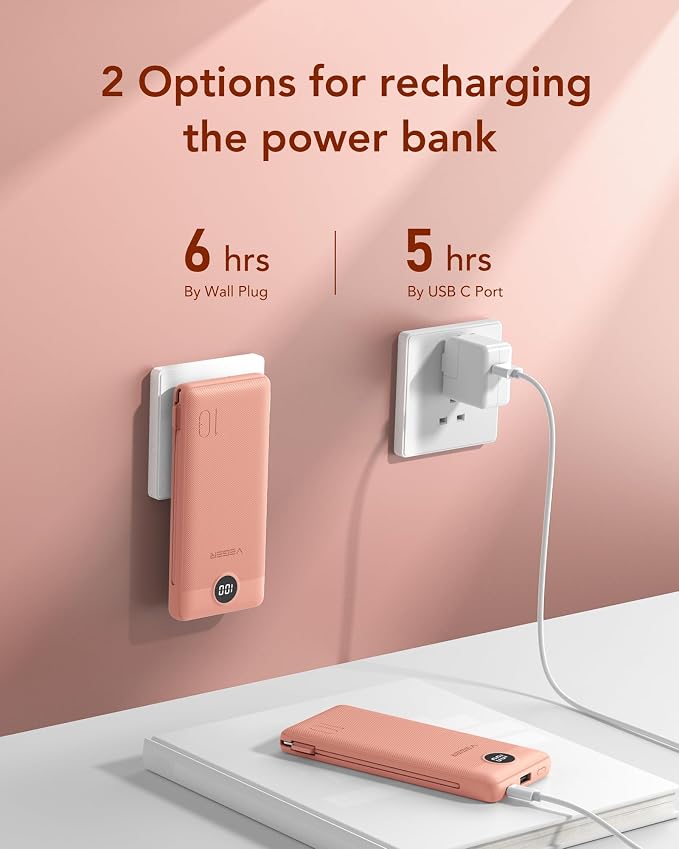 VEGER Portable Charger with Built-in AC Plug and Cables, All in One 10000mAh Ultra Slim Power Bank Travel Essentials, Fast Charging Battery Pack Compatible with iPhone, Samsung, More(Dark Pink) - Image 7
