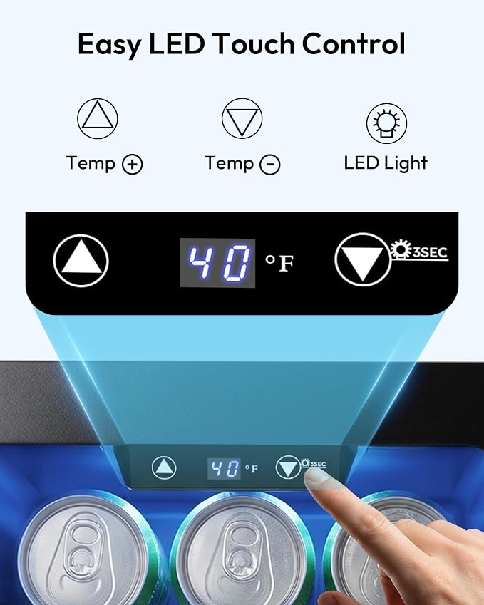 EUHOMY 18L Beverage Refrigerator Cooler, 24 Cans Mini Fridge with Quiet Compressor, Countertop Small Fridge with 40°F-61°F Digital Temperature Control, LED Lgiht for Home, Bar, Office - Image 5