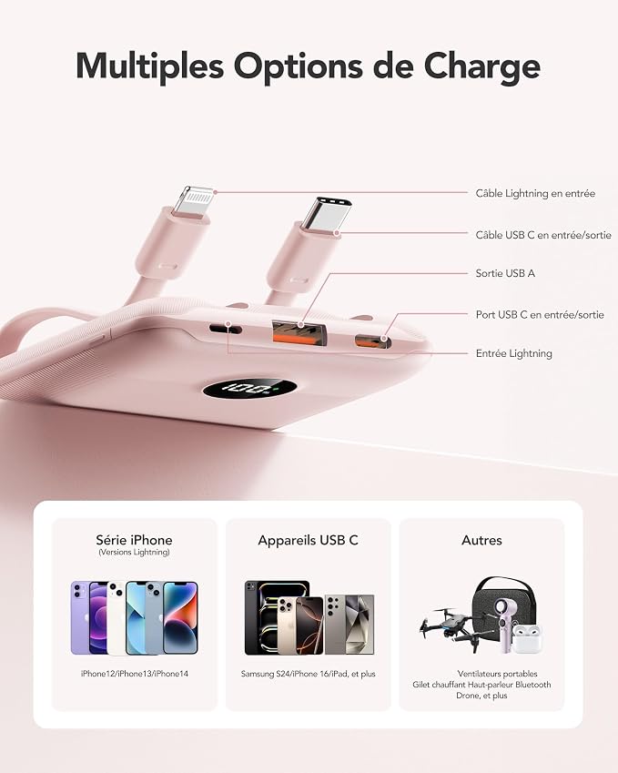 Mini Portable Charger with Built-in Cables 22.5W Fast Charging Power Bank USB-C Small Battery Pack 10000mAh Travel Essential Slim Battery for iPhone 17/16/15/14, Samsung 25/24, and More - Image 5