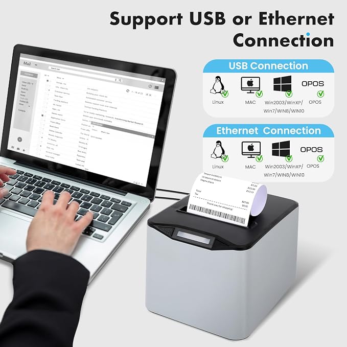 NUCOUN Thermal Receipt Printer, 80mm USB POS Printer, Auto Cutter, Support Cash - Image 2