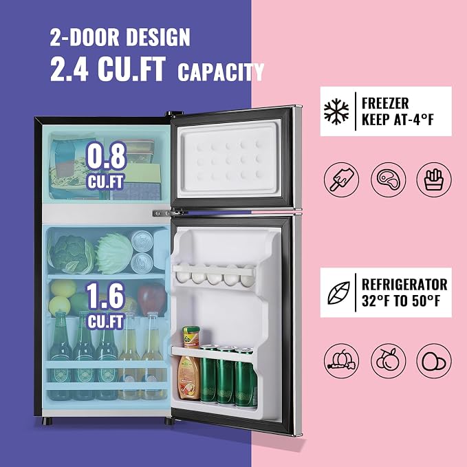 2.4 Cu.Ft Small Refrigerator with Freezer Dorm Mini Fridge Removable Plastic Shelves Ideal for Home, Office,Dormitory Silver - Image 2