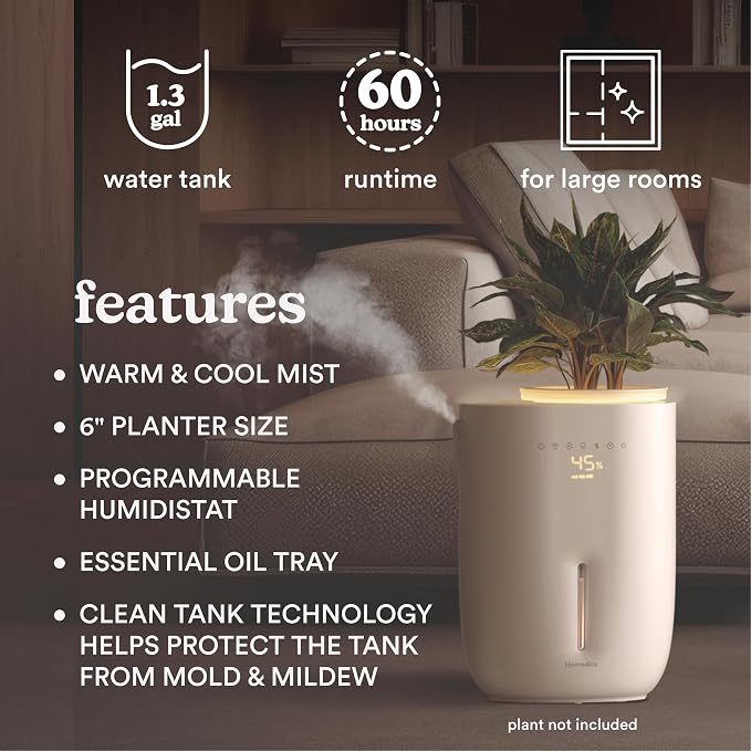 Homedics Natura Ultrasonic Warm & Cool Mist Humidifier, 1.3-Gal for Large Rooms, 60-Hr Runtime, Plant Holder, Programmable Humidity, Auto Shutoff, Nightlight Small Pot Compatible(Plant Not Included) - Image 3