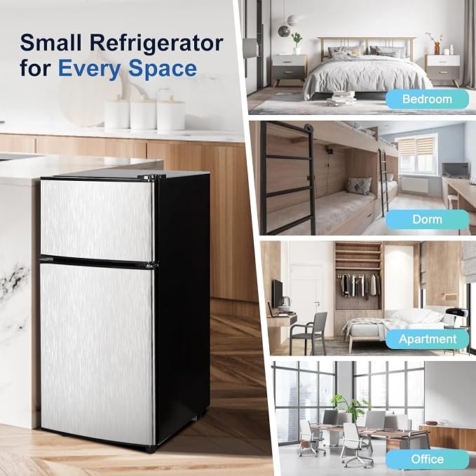 3.2 Cu.Ft Mini Fridge with Freezer, 7-Level Cooling Small Refrigerator | Energy Efficient Low Noise, Double Door Compact Fridge for Dorm, Bedroom, Office - Silver - Image 6