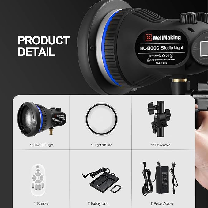 Wellmaking 80W Portable LED Light Continuous Light COB Spotlight Video Light - Image 4