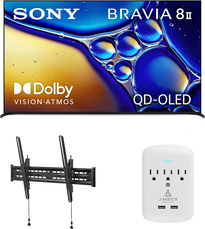 SONY K55XR80M2 55 Inch Bravia 8 QD-OLED 4K HDR Google TV with a Walts TILT-MOUNT-43-90 Large/XL Tilt Mount for 43"-98" TVs and Amber Protection 3-Outlet-Surge Surge Protector (2025) by Unknown