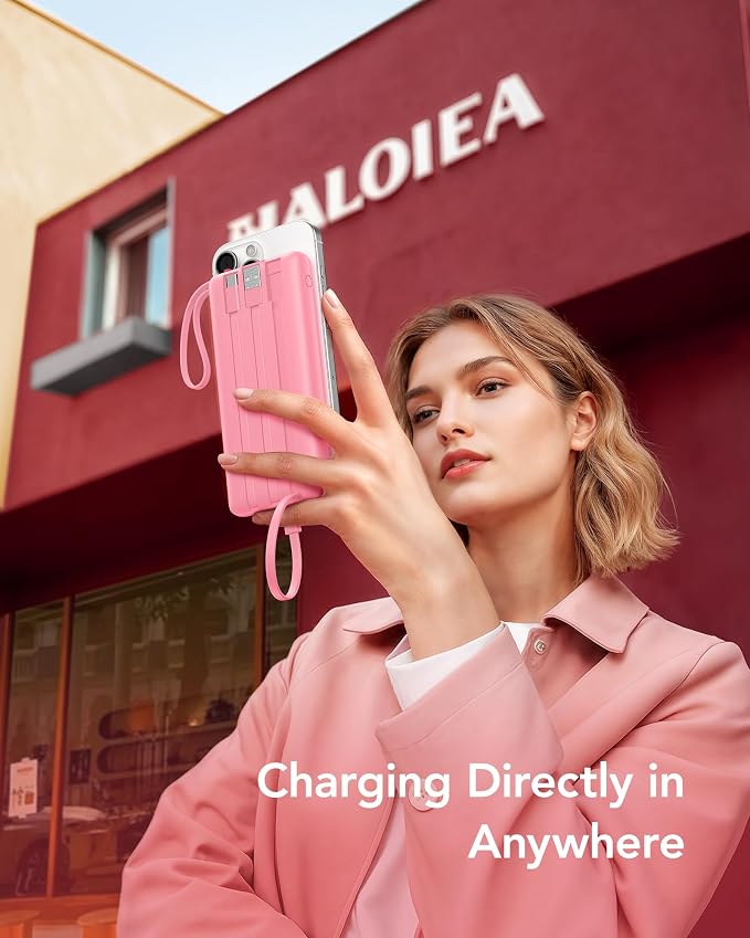 VRURC Portable Phone Charger, Travel Portable Charger with 4 Cables, 5 Outputs 2 Inputs Slim USB C Power Bank, Built-in Cables Cords for iPhone 17 16 15 14 13,Samsung,Android-Barbie Pink(1 Pack) - Image 8