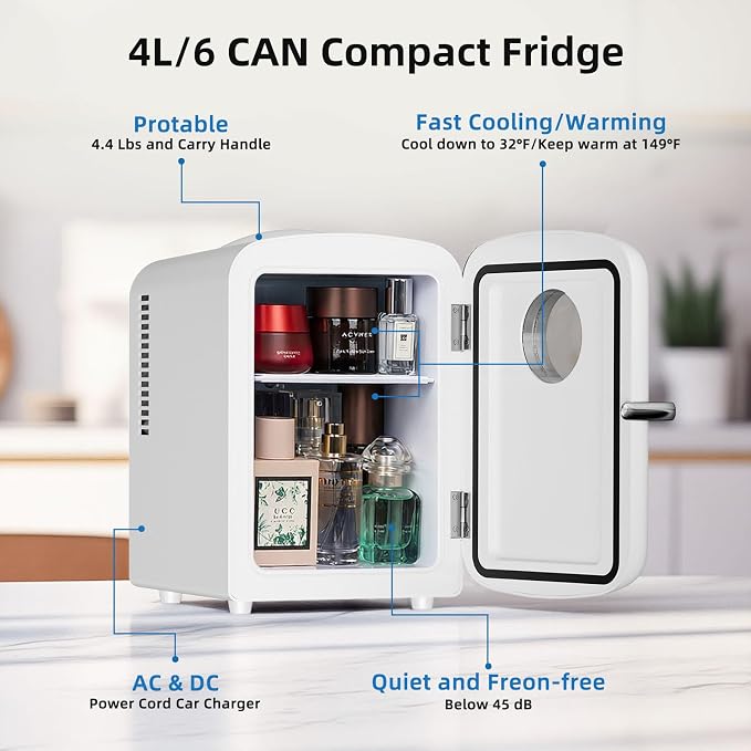 Antarctic Star Compact Mini Fridge, 4L Capacity/6 Cans Portable Cooler and Warmer Compact Refrigerator, for Bedroom,Car,Office and Dorm, Small Cooler and Warmer for Cosmetics, Beverage and Food, White - Image 5