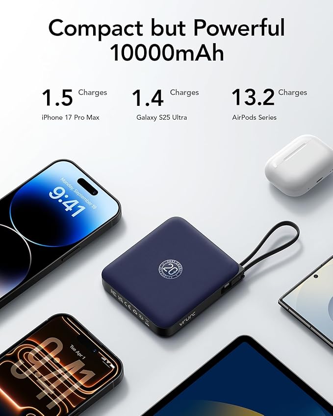 VRURC 10000mAh Portable Charger for iPhone with Built-in Cables, 22.5W Fast Charging Power Bank with LED Display, Battery Pack USB C for iPhone 17 Pro Max, Samsung S26, Travel Essentials (Royal Blue) - Image 6