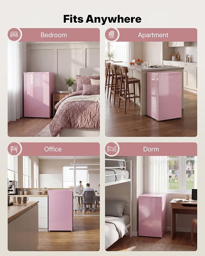 Upstreman 3.2 Cu.Ft Mini Fridge with Freezer, Pink-BR321 | Adjustable Thermostat, Energy Saving, Low Noise, Reversible Door, Small Refrigerator for Dorm, Bedroom, Office - Image 8