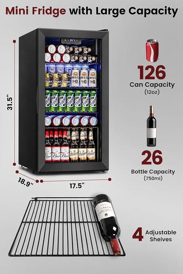 Feelfunn 26 Bottle 126 Can Wine Cooler, 3.2CuFt Mini Fridge with Glass Door | 34-64°F, <36dB, 4 adjustable shelves, for beer, soda, water in bedroom, office, home bar, dorm - Image 2