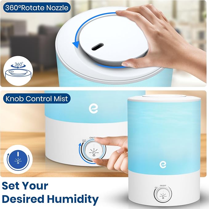 Esemoil Humidifiers for Bedroom, 2.5L Cool Mist Ultrasonic Air Humidifier with Top Fill & Quiet, 360° Nozzle, BPA Free, 25 Hour Diffuser with 8 Color Light & Auto Shut-off for Home Baby Nursery Plants - Image 8