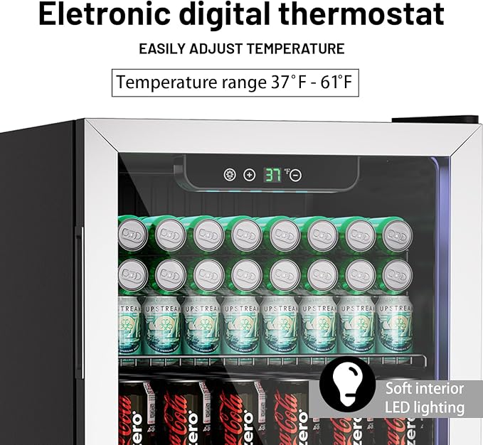Erivess Mini Fridge 105Can Beverage Refrigerator Cooler Glass Door for Soda | 3.0 Cu Ft Drink Fridge for Home/Bar/Office with LED Display, Digital Temperature Control, Removable Shelves for Wine, Silver - Image 4