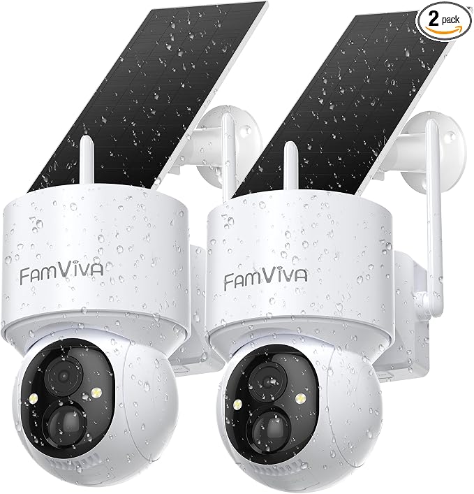 2K Solar Security Cameras Wireless Outdoor, 360°PTZ Battery Powered Cameras by FamViva