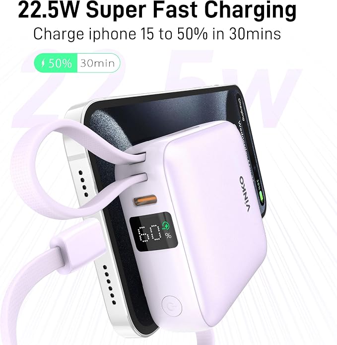 VINKO Portable Charger Power Bank with Built-in Cables, 22.5W Fast Charging 10000mAh Phone Charger, Small Travel Battery Pack with Smart LED Display for iPhone, Android & USB-C Devices(Purple) - Image 3