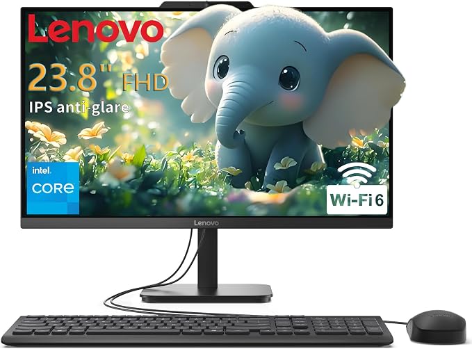 Lenovo IdeaCentre 24 23.8" N100 8GB 512GB SSD All-in-One Desktop Computer | FHD IPS Display, Intel UHD Graphics, WiFi 6, Keyboard, Mouse, Windows 11 Home, Black by LENOVO