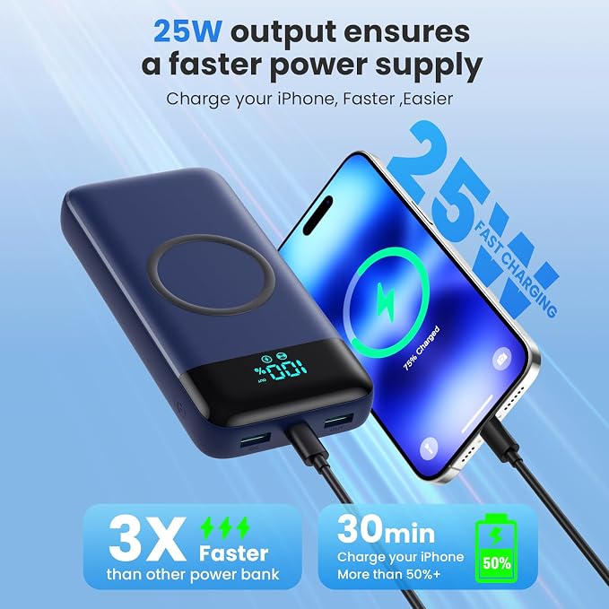 YHO Wireless Portable Charger 40800mAh for iPhone with Built-in Cables,15W Wireless Charging USB C Power Bank,25W PD Fast Charging Travel Essential Battery Pack for iPhone 17/16/15/14-Dark Blue - Image 6