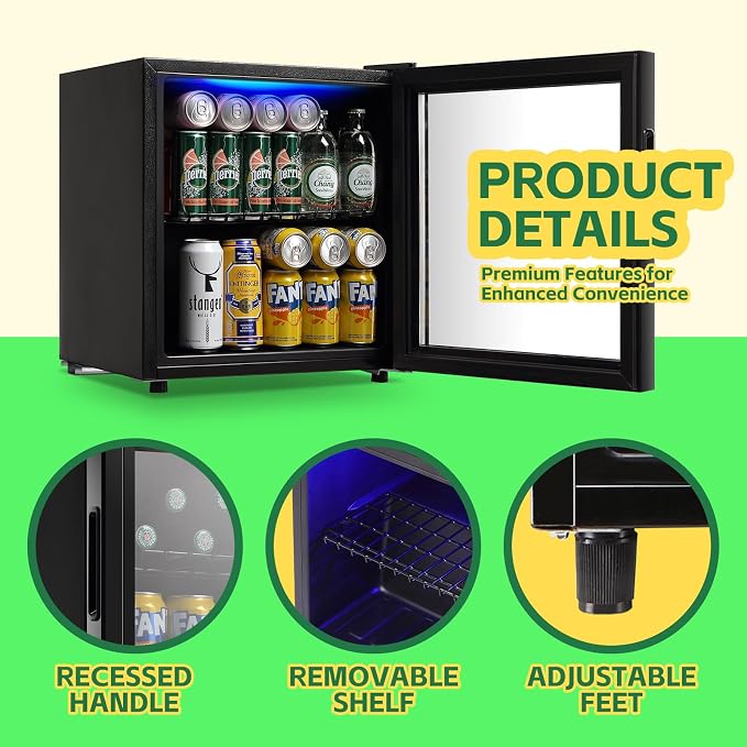 Beverage Refrigerator Cooler 1.6 Cu.Ft 60 Can Mini Small Fridge Black | Large Capacity with Glass Door, LED Light & Adjustable Shelves for Soda Beer Wine, Perfect for Home Bar Office - Image 6