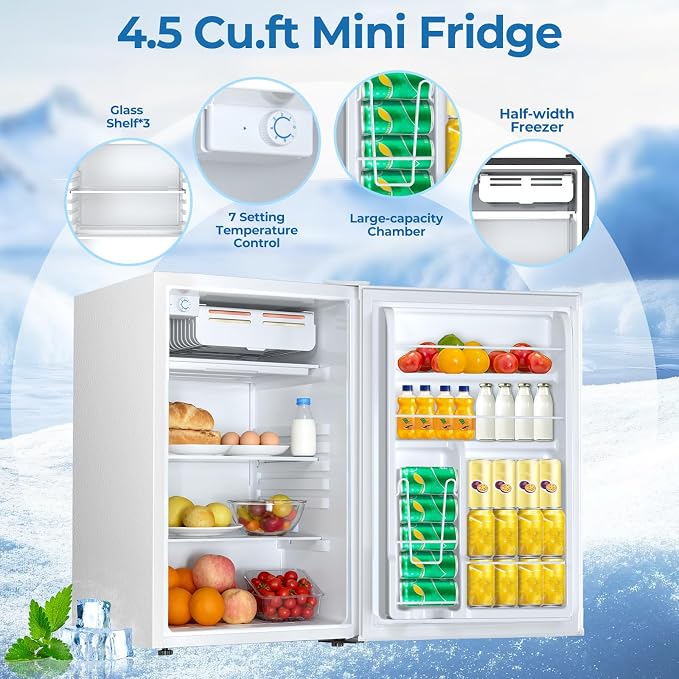 Electactic 4.5 Cu.ft Mini Fridge with Freezer, Compact Refrigerator with Reversible Single Door, Adjustable Thermostat, Low Noise, Energy Efficient for Office, Dorm, Bedroom, Apartment White - Image 2