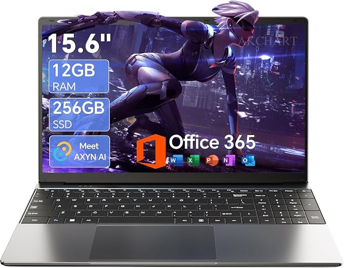 15.6'' AI Laptop with Office 365 12GB RAM 256GB SSD Win 11 Laptops | 7000mAh Battery, IPS FHD, 180°Viewing, Quad-Core Processor, Type-C, WiFi5, Portable Thin Business Student Laptops, Light Gray by Steklo