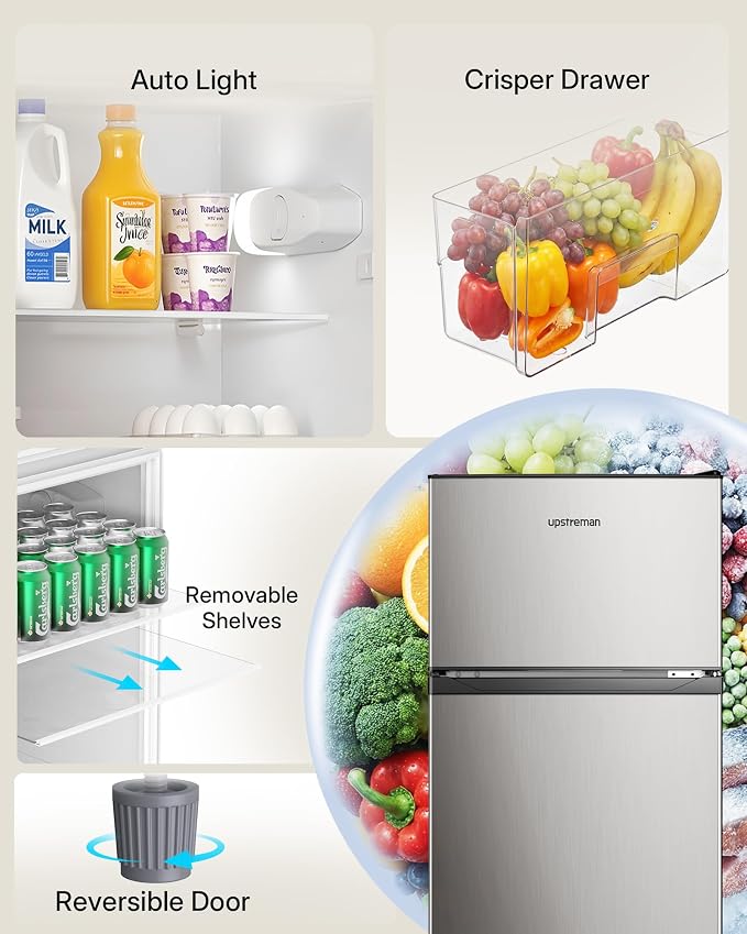 Upstreman 7.7 Cu.Ft. Refrigerator with Freezer Double Door Refrigerator | 7 Adjustable Thermostat, Large Capacity, Reversible Door Swing, Refrigerator for Apartment, Office, Dorm, Stainless (SD75) - Image 5