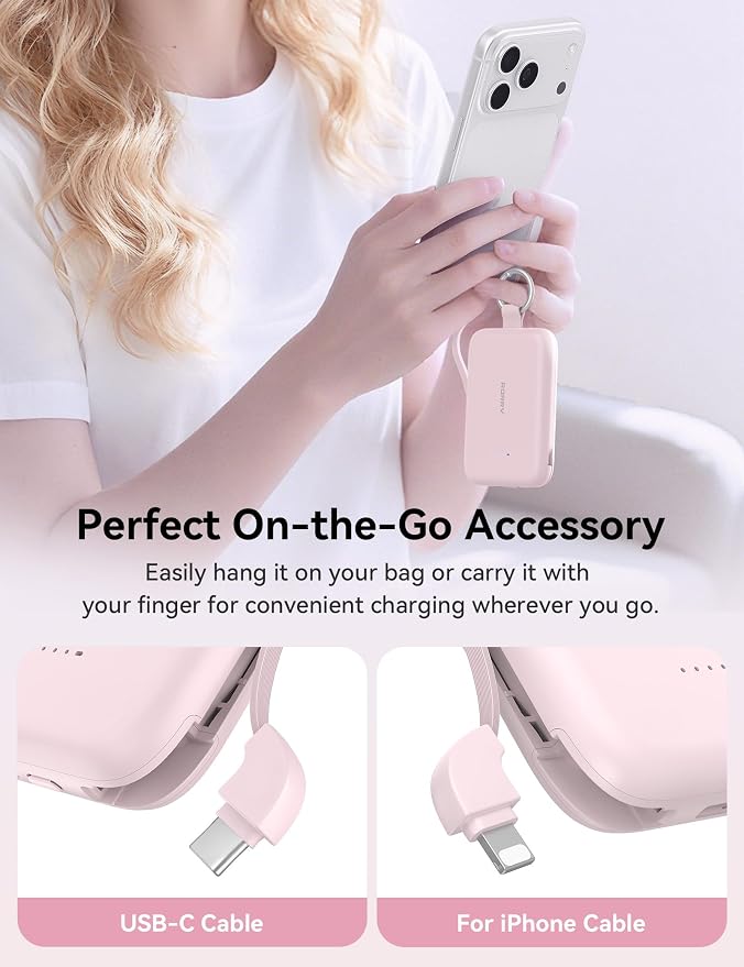RORRY Portable Charger, 10000mAh PD 30W Fast Charging Portable Charger Power Bank with Built-in Cables, Travel Keychain Charger Battery Pack for iPhone 17/16/15/14/13/12, for AirPods 2/3/4/Pro, Pink - Image 2