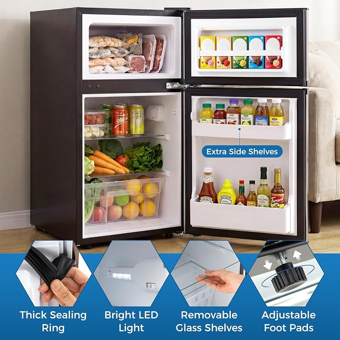COSTWAY 3.2 Cu.Ft. Mini Fridge with Freezer, 2 Door for Office Bedroom Dorm | Compact Small Refrigerator with Reversible 2 Door, Adjustable Thermostat, Removable Glass Shelves for Food & Drink, Silver - Image 9