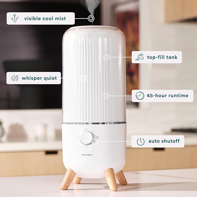 Homedics Ultrasonic Humidifier, Bedrooms and Home Offices, 0.97-Gallon Tank, 45-Hour Runtime, Visible Ultra-Quiet Cool Mist, Aromatherapy, Demineralization Cartridge, Night-Light, Auto-Off, White - Image 3