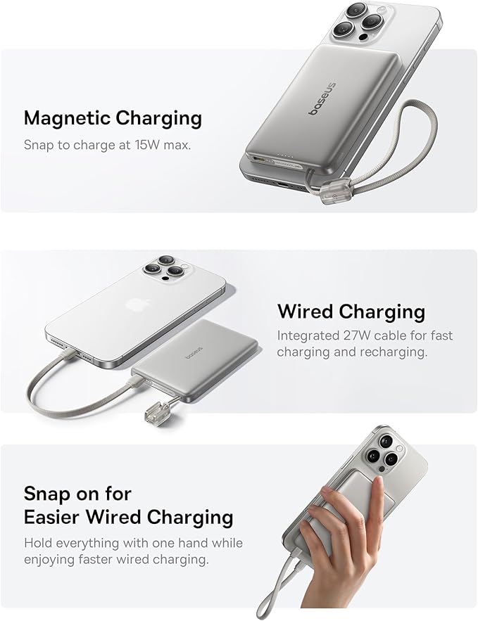 Baseus Picogo Qi2 15W Magsafe Portable Charger, 0.5" Ultra Slim 10000mAh Wireless Power Bank with 27W Built-in USB-C Cable, Magnetic Battery Pack for iPhone 17 Pro Max/17 Pro/Air/16/15/14/13/12 - Image 5