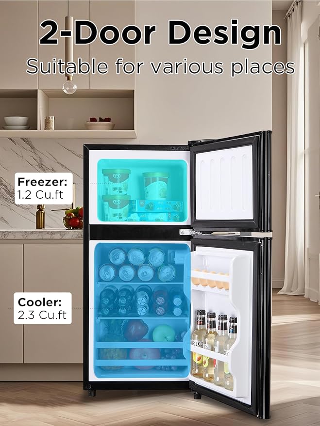 F.W.WOOLWORTHS 3.5 Cu.Ft Refrigerator with Freezer | Compact Fridge with 2 Doors for Office, Kitchen, Dorm and Bedroom, 7 Level Temp Adjustable Thermostat, Black - Image 2