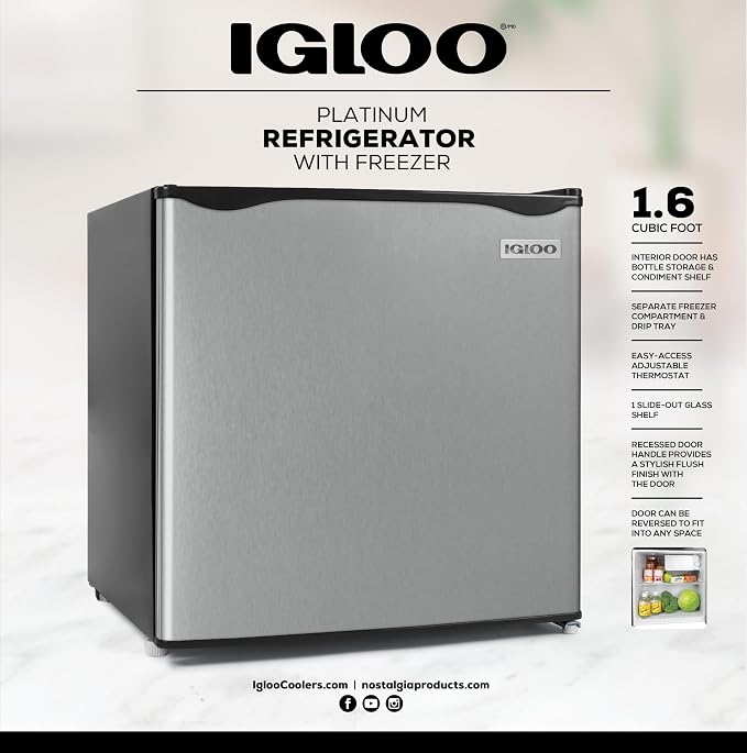 Igloo 1.6 Cu.Ft Mini Fridge with Freezer - Single Door Compact Refrigerator with Glass Shelves for Homes, Dorms & Offices - Keep Drinks & Frozen Foods Cool with Temperature Control Fridge - Platinum - Image 2