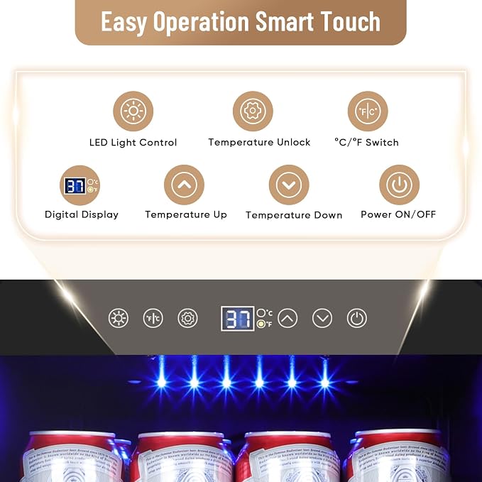 15 Inch Beverage Refrigerator, 130 Can Capacity Under Counter Fridge with Lock & Glass Door, Quiet Built-in or Freestanding Beer Cooler, Powerful Compressor for Fast Cooling - Image 2