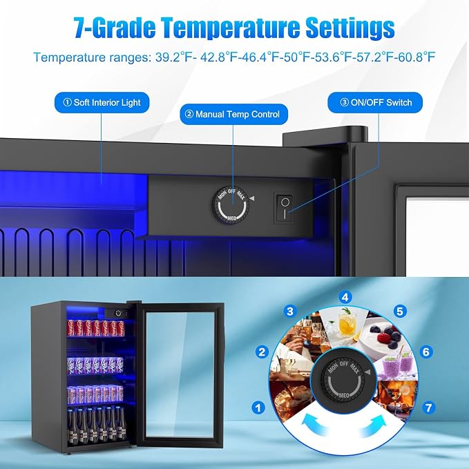 COSTWAY 120 Can Mini Beverage Fridge, Freestanding Beverage Refrigerator Cooler with Glass door, Removable Shelves for Soda Beer Wine, Small Drink Bar Fridge for Home Living Bedroom, 3.2 Cu.Ft | Cooler with Glass door, Removable Shelves for Soda Beer W... - Image 3