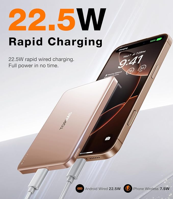 TORRAS MiniMag Power Bank,Ultra-Slim 10,000mAh Magnetic Wireless Portable Charger, 22.5W Fast Charging iPhone Air Magnetic Battery Pack Designed for iPhone 17 Pro Max/17 Pro/Air/16/15/14/13/12, Gold - Image 6