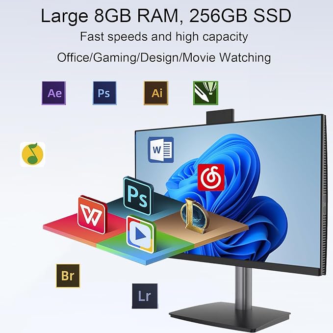 23.8 Inch All-in-One Desktop Computer,i7 CPU,8GB RAM 256GB SSD,Win 11 Pro PC,Height Adjustable & Swivel Stand,HD Webcam,WiFi 5, Bluetooth,Built-in Speaker,AIO with Keyboard and Mouse for Home Office - Image 5