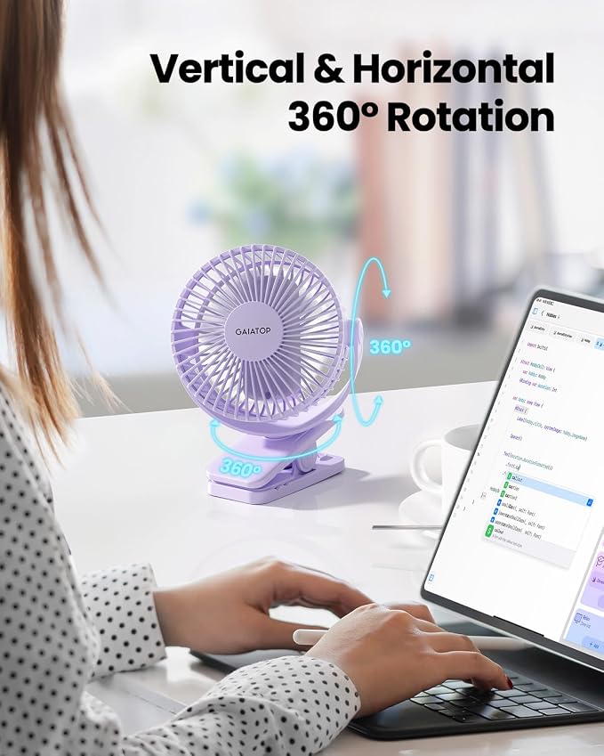 Gaiatop Portable Clip on Fan Battery Operated, Small Powerful 3 Speed Quiet 360° Rotate, USB Rechargeable Mini Personal Cooling Fan for Desk Table Home Office Stroller Camping Women Gifts Purple - Image 2