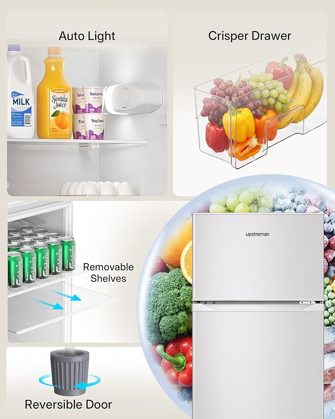 Upstreman 7.7 Cu Ft Apartment Refrigerator 2 Door Refrigerator with Freezer | Energy Efficient, Low Noise, 7 Adjustable Thermostat & Reversible Door for Apartment, Dorm, Office, Kitchen, White - Image 5