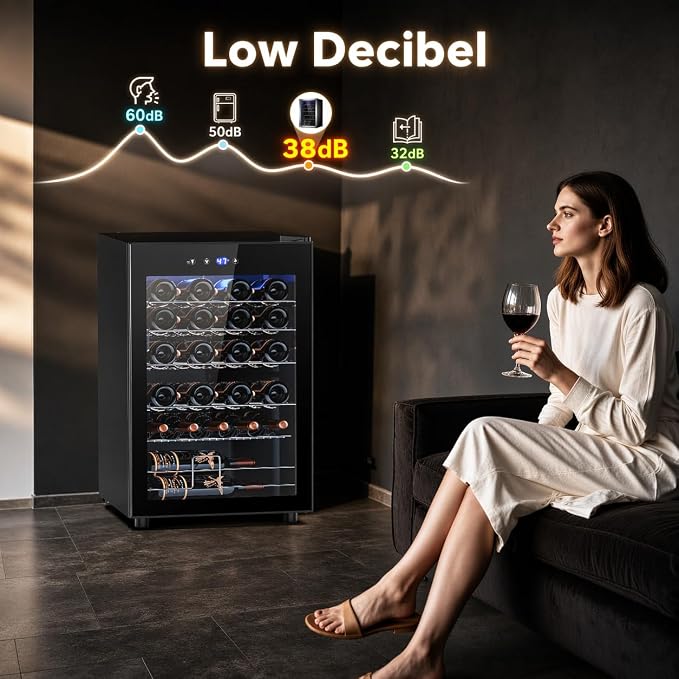 Electactic 37-Bottle Freestanding Wine Cooler Refrigerator, 4.5 Cu. Ft | Removable wave-shaped wire shelves, fan cooling, and sub-38 dB operation help organize bottles with minimal noise. - Image 4