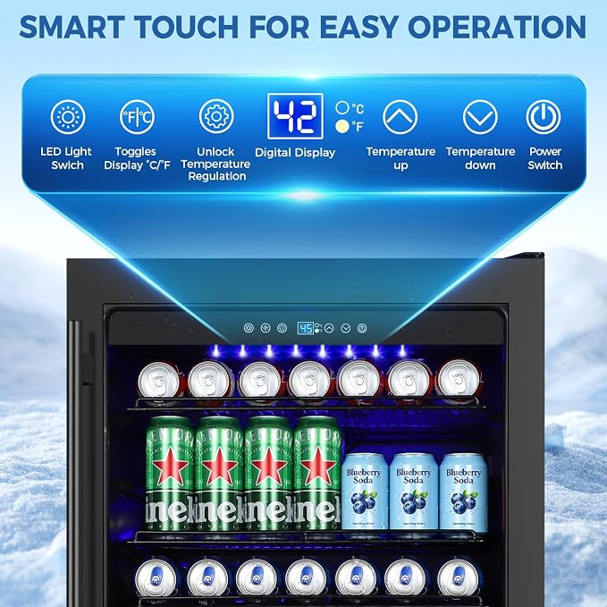 24 Inch Beverage Refrigerator Under Counter, Drink Fridge 180 Cans Large Capacity with Glass Door, 38dB Whisper Quiet Beverage Cooler Built-in for Home Bar Office, Memory Function for Beer Soda, Black - Image 2