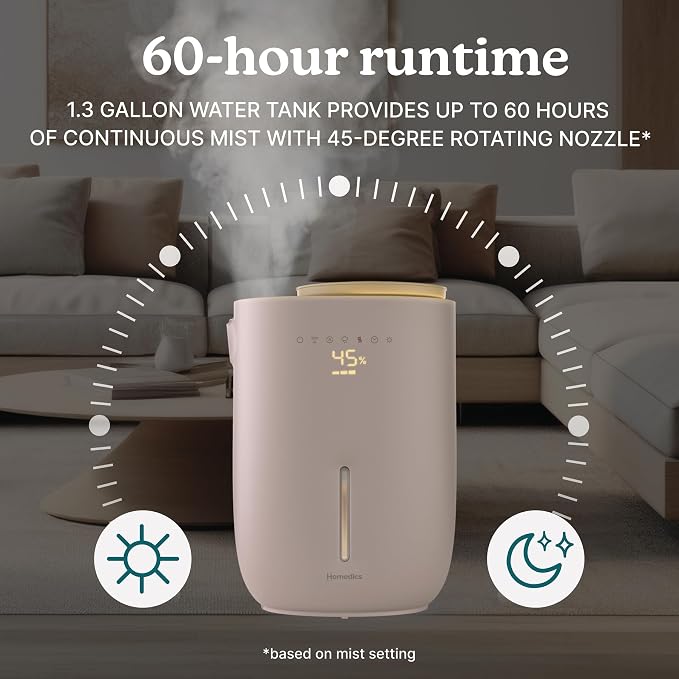 Homedics Natura Ultrasonic Warm & Cool Mist Humidifier, 1.3-Gal for Large Rooms, 60-Hr Runtime, Plant Holder, Programmable Humidity, Auto Shutoff, Nightlight Small Pot Compatible(Plant Not Included) - Image 5