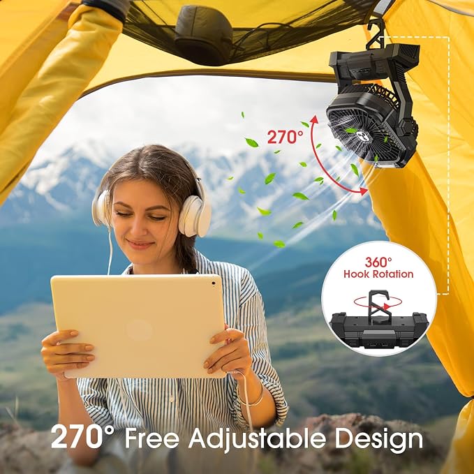 ONLYNEW Portable Fan Rechargeable, 20000mAh Cordless Battery Powered Fan with LED Lantern, USB C Battery Operated for Camping Travel Bedroom Home Tent Office Beach Desk Fishing Table - Image 3